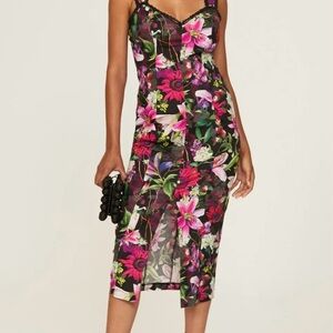 Marchesa Notte Botanical Midi Dress with Black Lace Trim